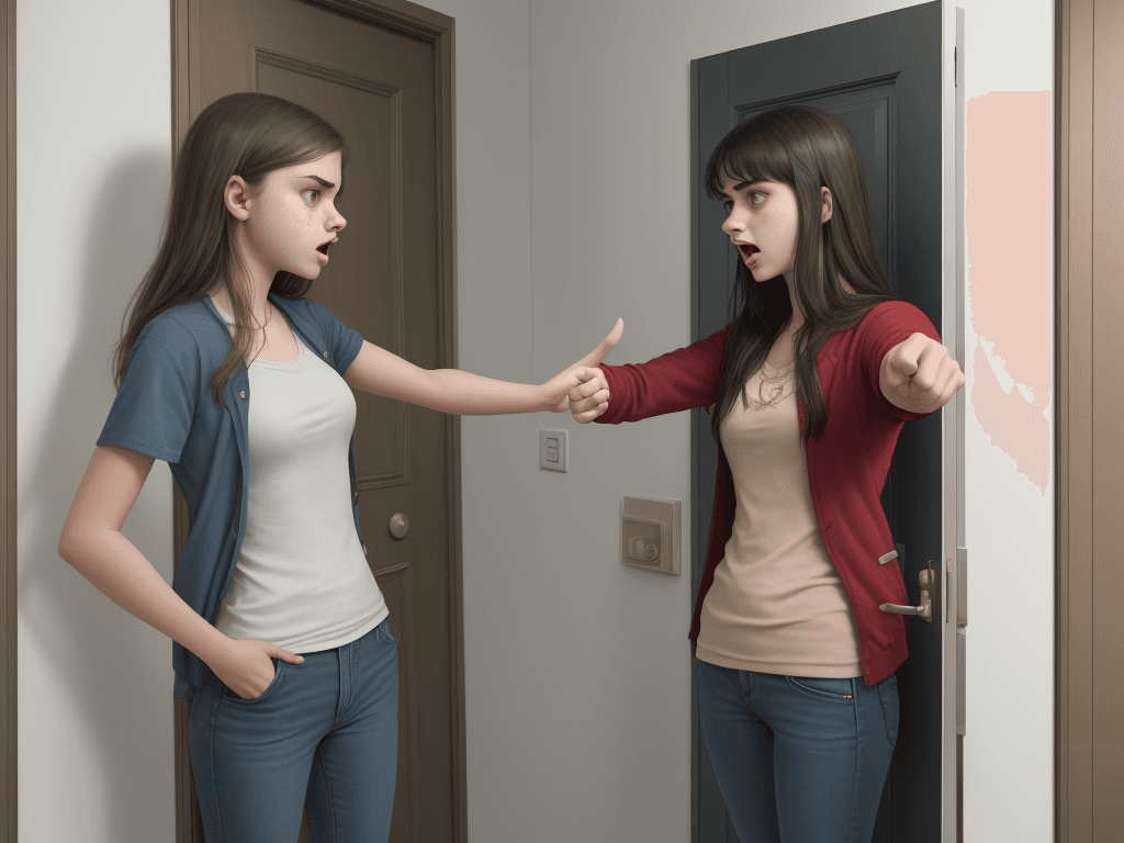 AI generated: A anger teenage girl standing in front of door apartment, her finger pointing accusingly to the woma...