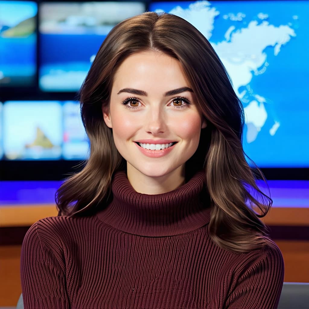 AI generated: Photorealistic portrait of a beautiful young woman resembling a TV meteorologist, mid-20s, with long...