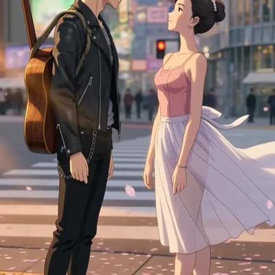 AI generated video: Romantic movie poster, Tokyo at golden hour, Shibuya crossing in background with neon lights startin...