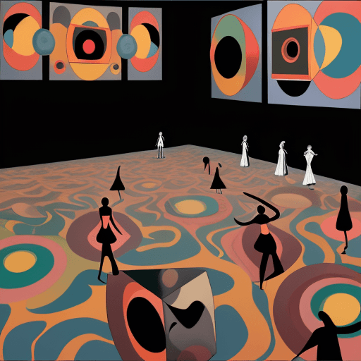 AI generated: Surrealistic Dadaist illustration capturing many people dancing near large speakers, floating soundw...