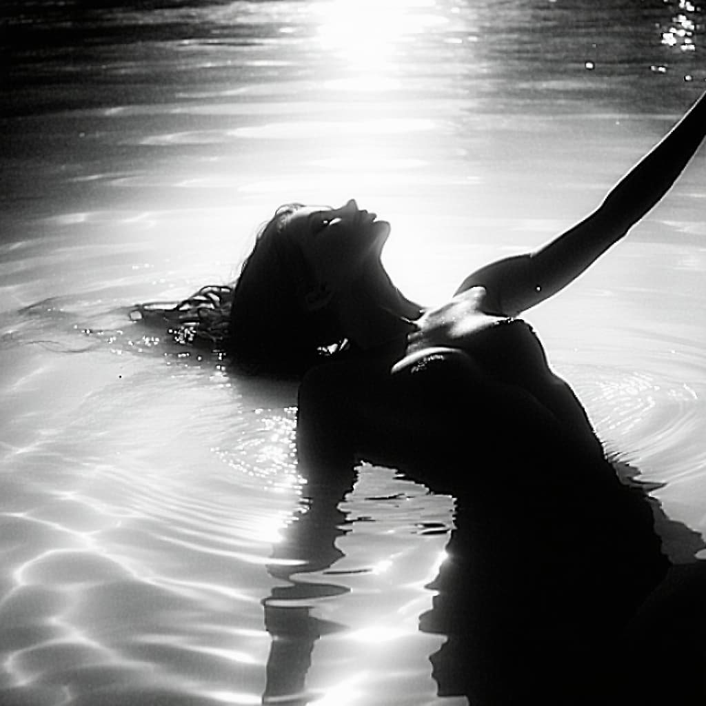 AI generated: High-contrast black-and-white photograph of a goth woman floating underwater in a serene, suspended ...