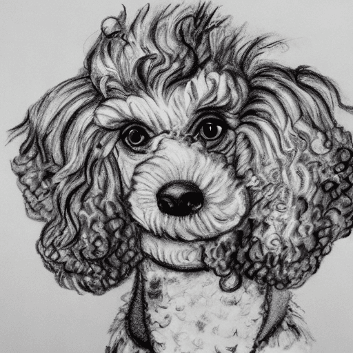 AI generated: drawing a poodle dog in black and white, in the style of vibrant caricatures, textural brushwork, sh...