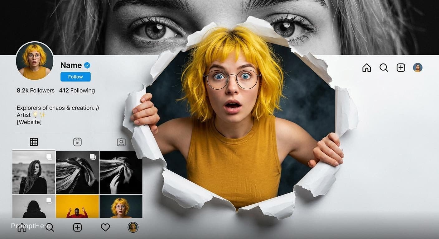 AI generated: A creative 3D photo manipulation of a social media profile interface, featuring a surprised young wo...