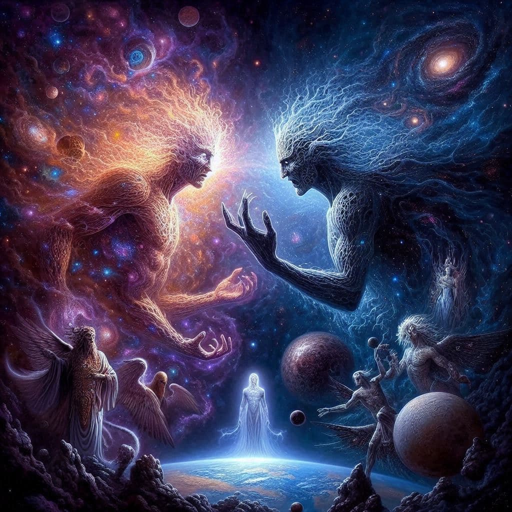 AI generated: In the vast emptiness of the interstellar void, two omnipotent deities from separate dimensions coll...
