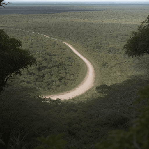 AI generated: un plano desde arriba de una selva en la que un dinosaurio grande esté siendo perseguido por diez ca...