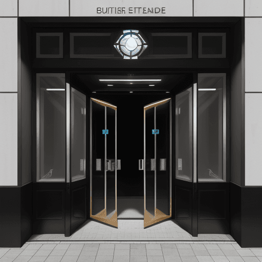 AI generated: Only the entrance to the building needs to be changed. The entrance should have a high-tech stained ...