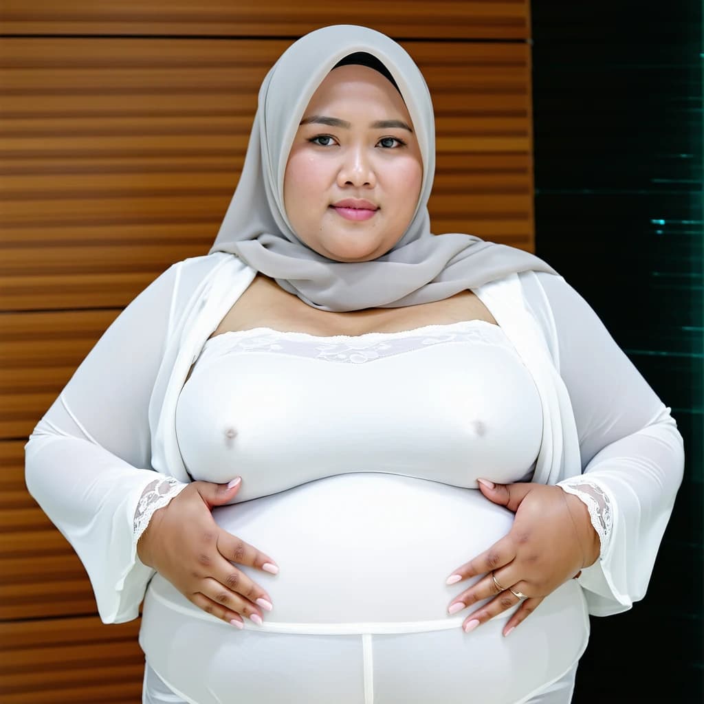 AI generated: A chubby Indonesian women that wears hijab and white lingerie and her hands on her boobs