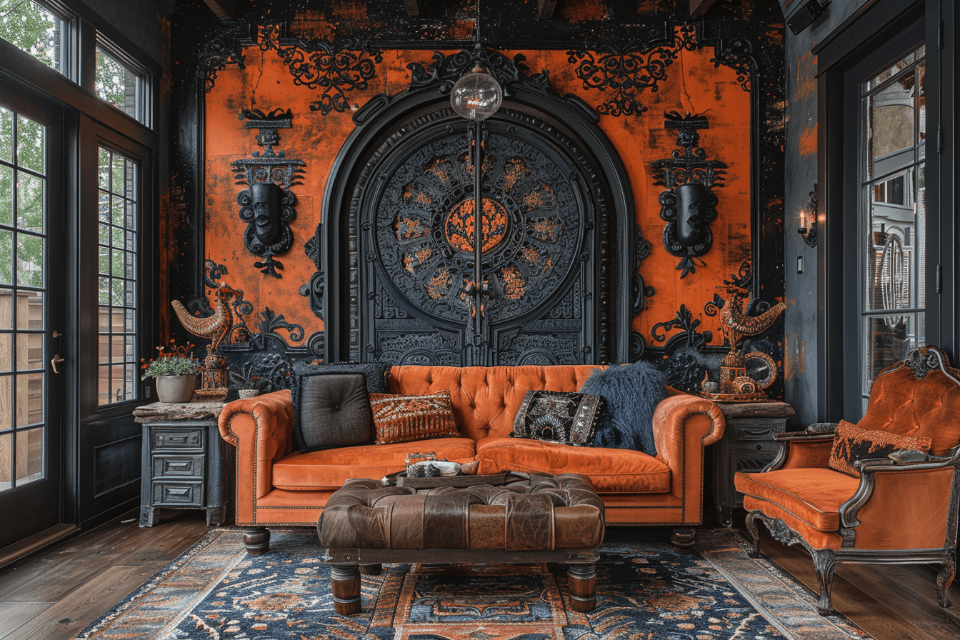 AI generated: an image of a mural painted on a wall in a living room , orange and black, in the style of baroque-i...