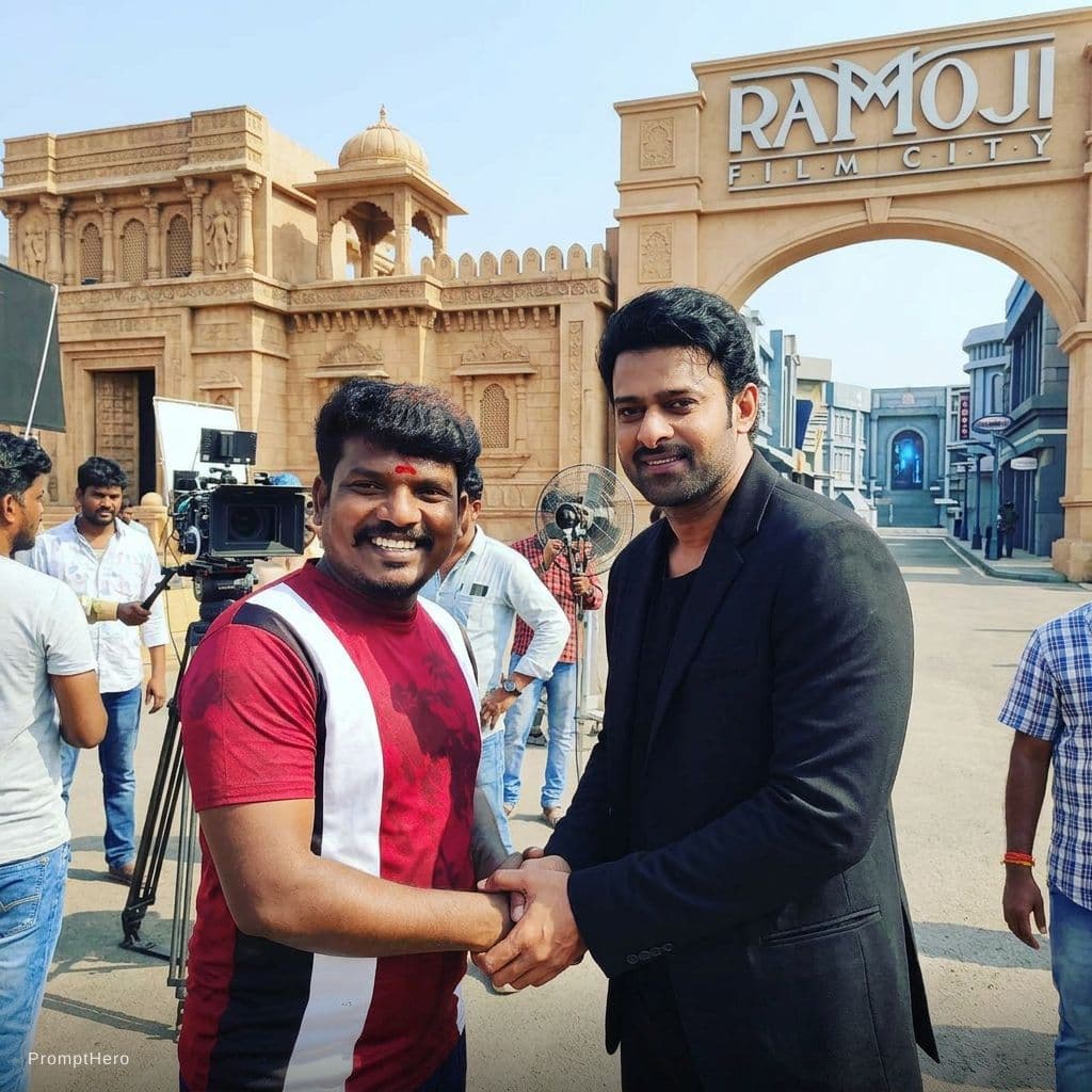 AI generated: Create an image using prompt hero with my favorite hero prabhas at ramoji film City of Hyderabad 