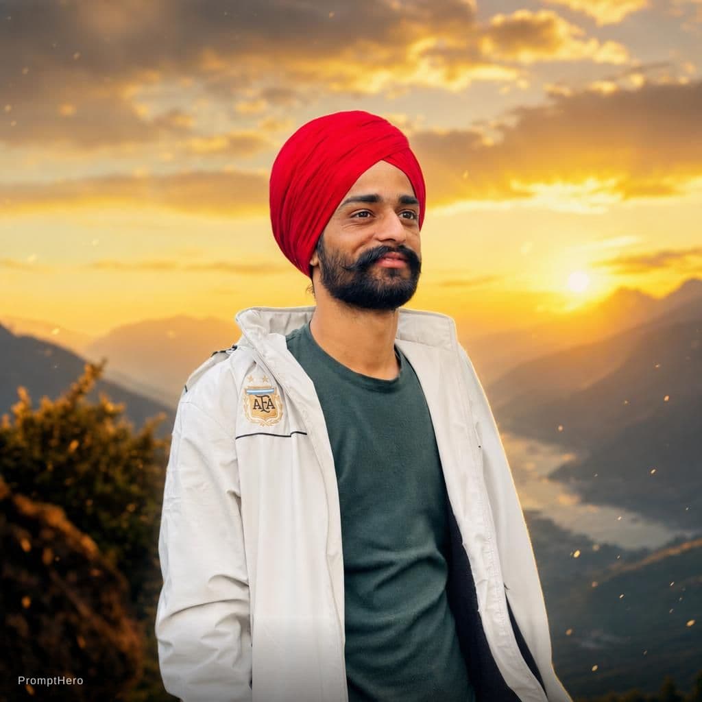 AI generated: Create a cinematic video from this image.
A peaceful mountain sunset appears in the background.
Gold...