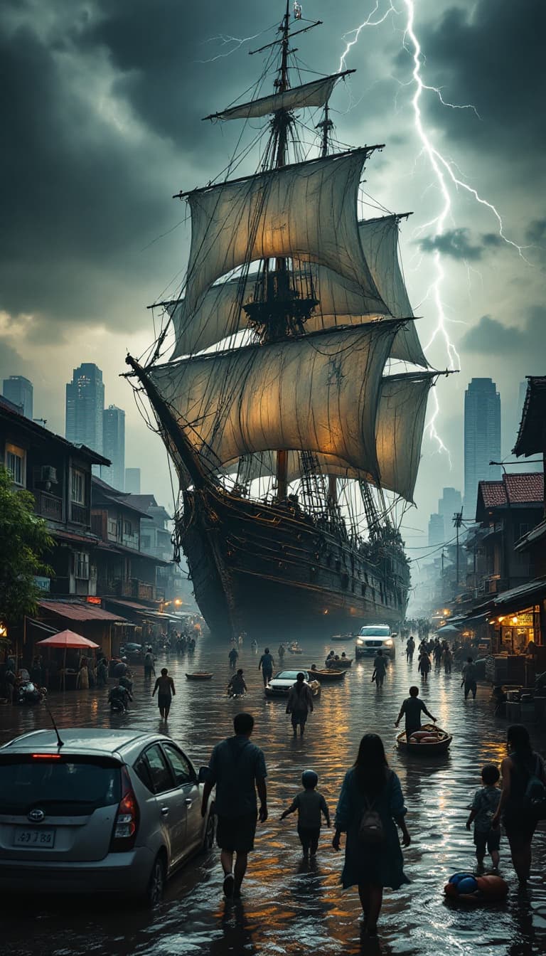 AI generated: Create a surreal, hyper-realistic medium-long shot of a 16th-century pirate ship with towering sails...