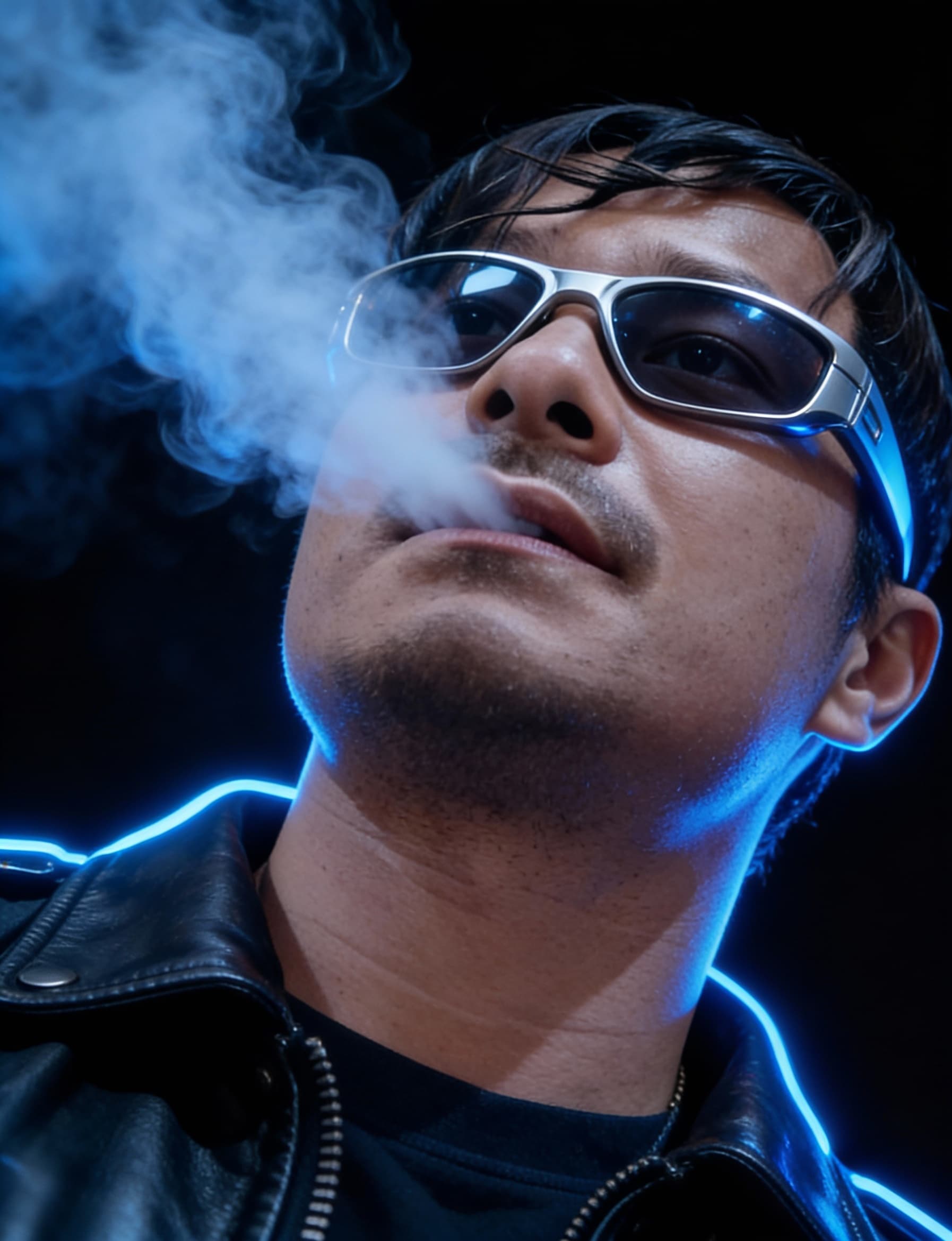 AI generated: "Low angle cinematic portrait of a cool man wearing futuristic silver sunglasses and a leather jacke...