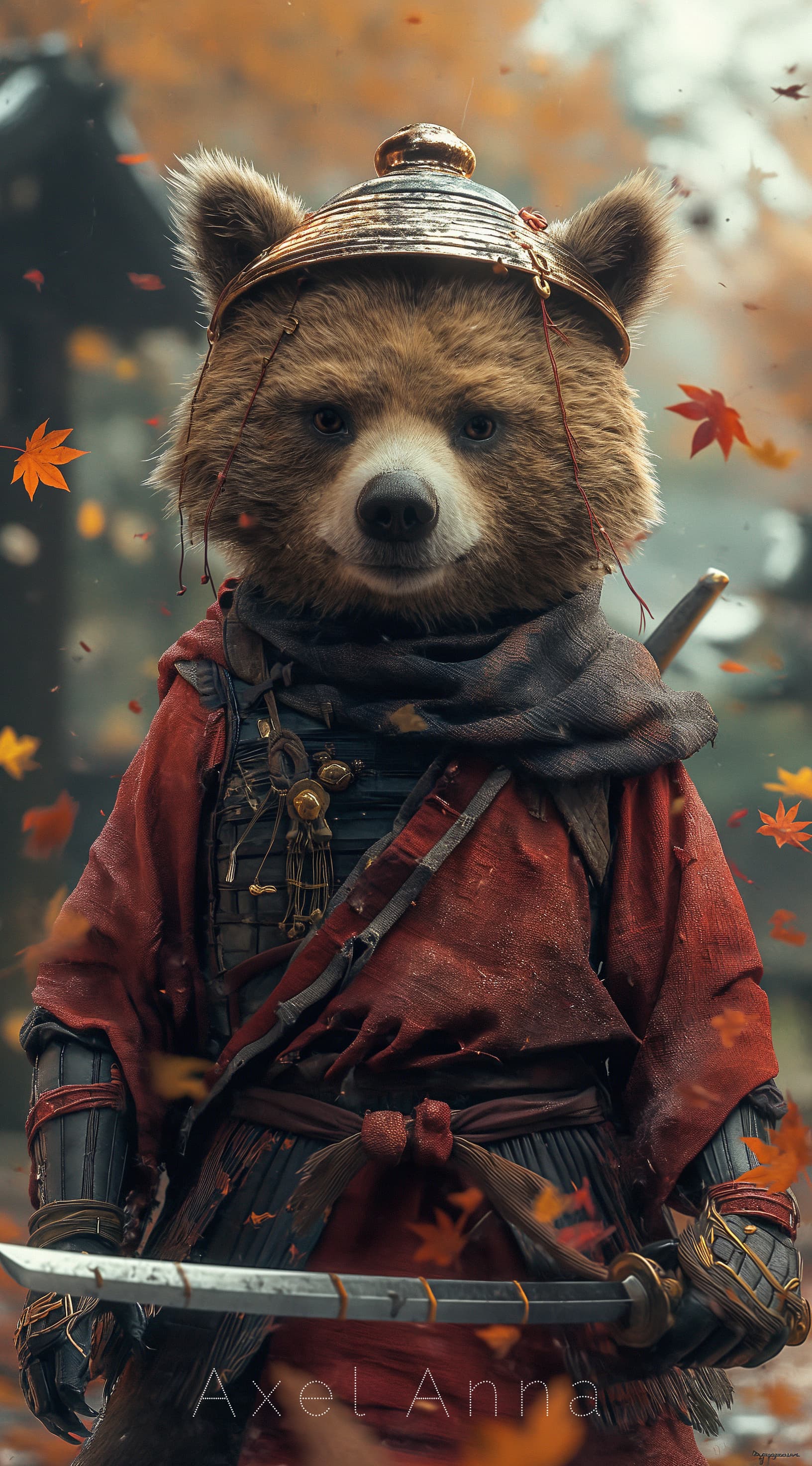 AI generated: with the background of autumn leaves, a samurai bear is wearing a sword to protect him, in the style...
