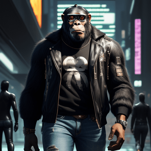 AI generated: king of apes, fashion casual ape, sneakers, sunglasses, jeans pants, futuristic background, full fig...