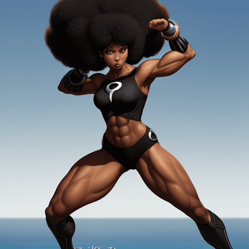 AI generated: a 6 foot tall fit black girl  with abs and an afro,  hairstyle , her arms folded, she  floats a bit ...