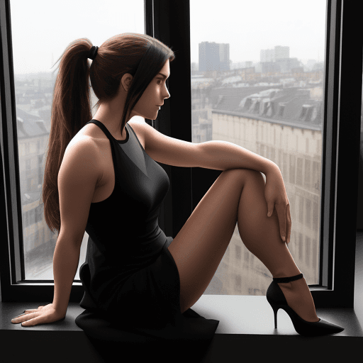 AI generated: A woman with long brown hair in a ponytail, wearing a black sleeveless dress and high heels, sitting...