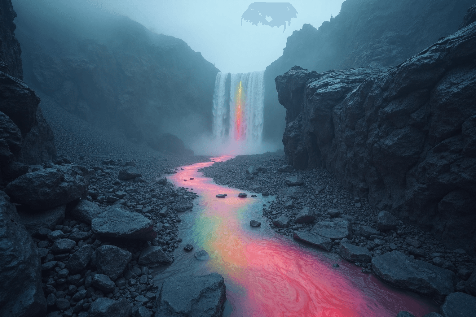 AI generated: Amidst a craggy wasteland of jagged cliffs and oppressive fog, a rainbow-colored waterfall cascades ...