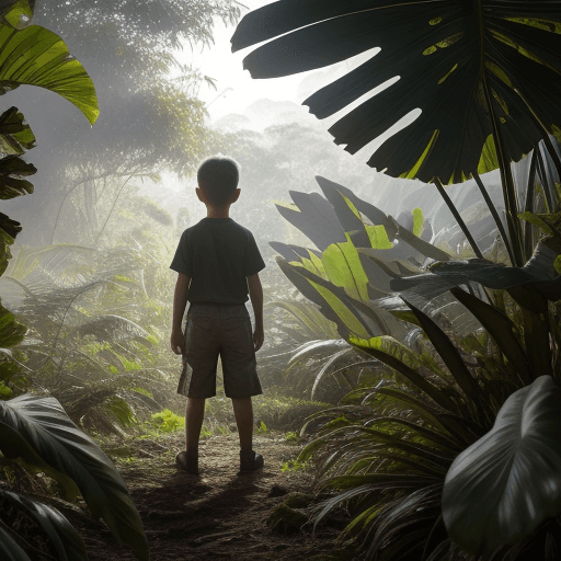 AI generated: A boy standing alone on a jungle,4k,very high details,ultra hd,dramatic sun lighting