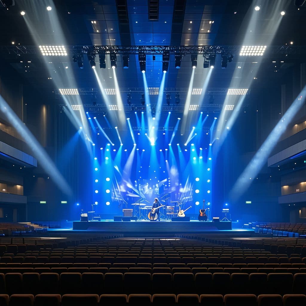 AI generated: large modern auditorium with lots of volumetric stage lights and led wall, musical instruments on st...