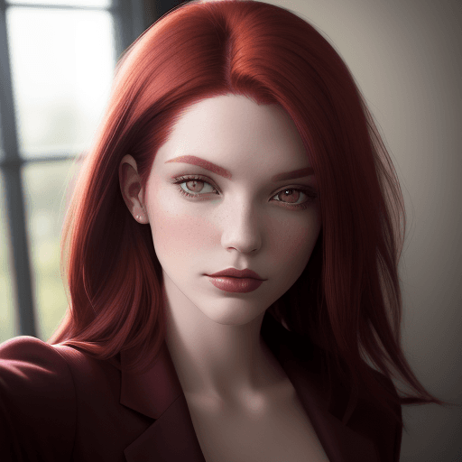 AI generated: photo featuring a model for a selfie, burgundy red hair color, emerald eyes, deep gaze, faint smile,...