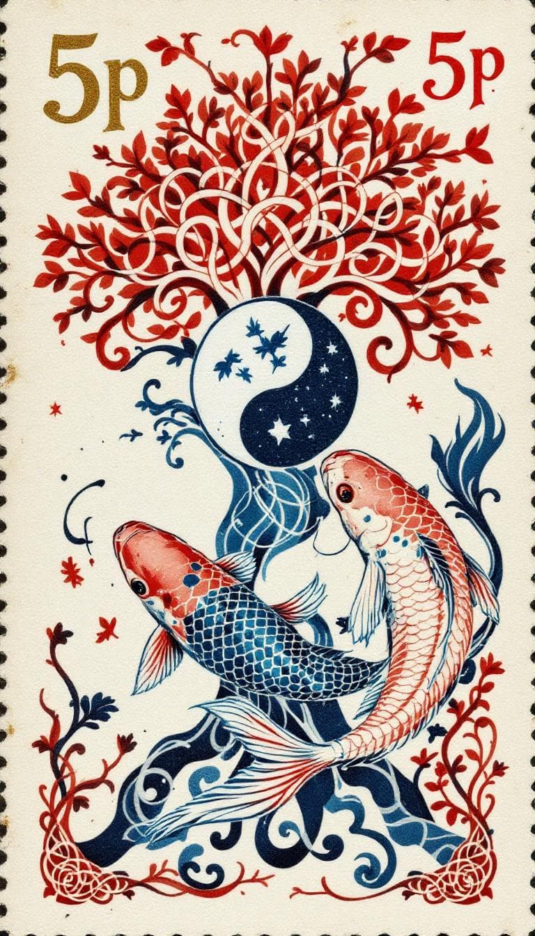 AI generated: retro vintage Postage Stamp design, pen and pearlescent opaline colored ink wash detailed illustrati...