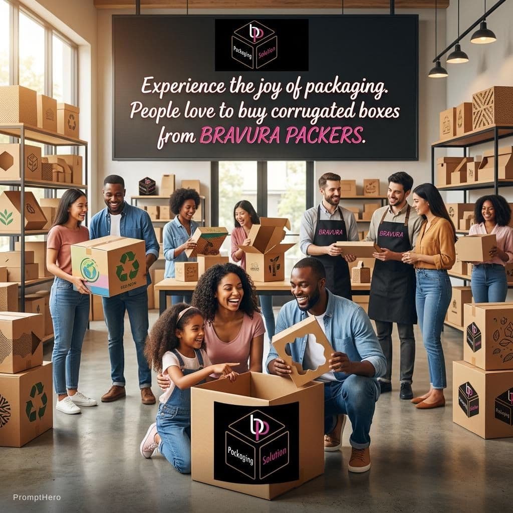 AI generated:  campaign for corrugated boxes where people love to buy boxes from bravura packers you logo attached