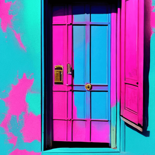 AI generated: a blue door in a pink globe. surreal. color splash art with the door.