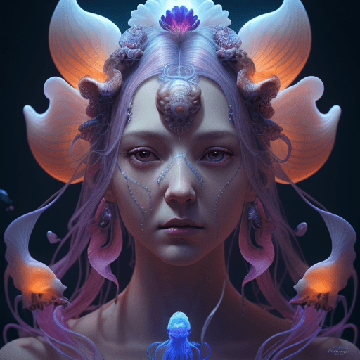 AI generated: Goddess close-up portrait ribcagel. jellyfish phoenix head, nautilus, orchid, skull, betta fish, bio...