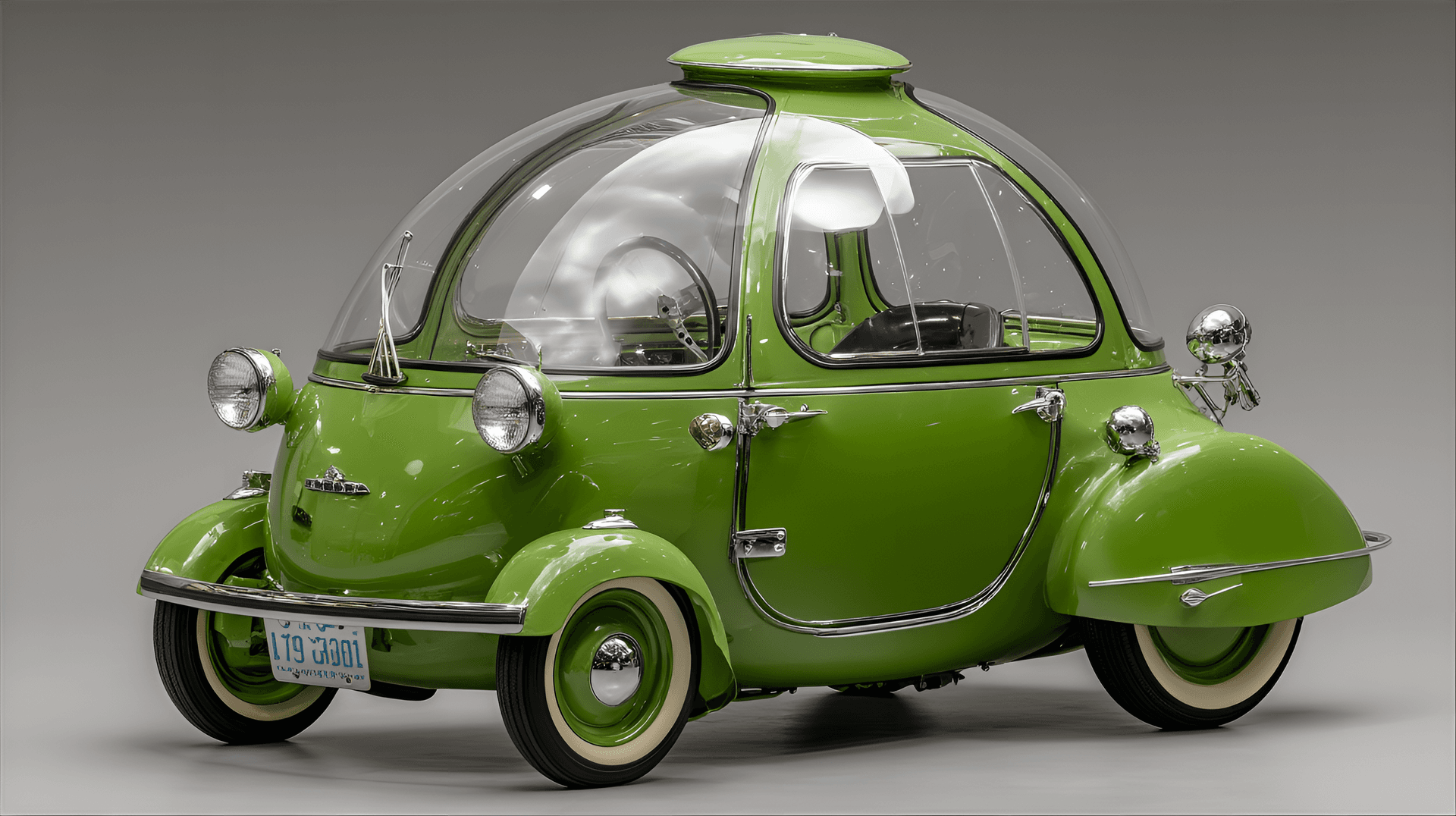AI generated: compact three-wheeled vehicle with vibrant green exterior, bubble-like transparent canopy, and retro...