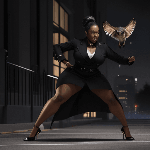 AI generated: An athletic 25-year-old African-American woman dressed in fine black clothing kicks a owl so that it...
