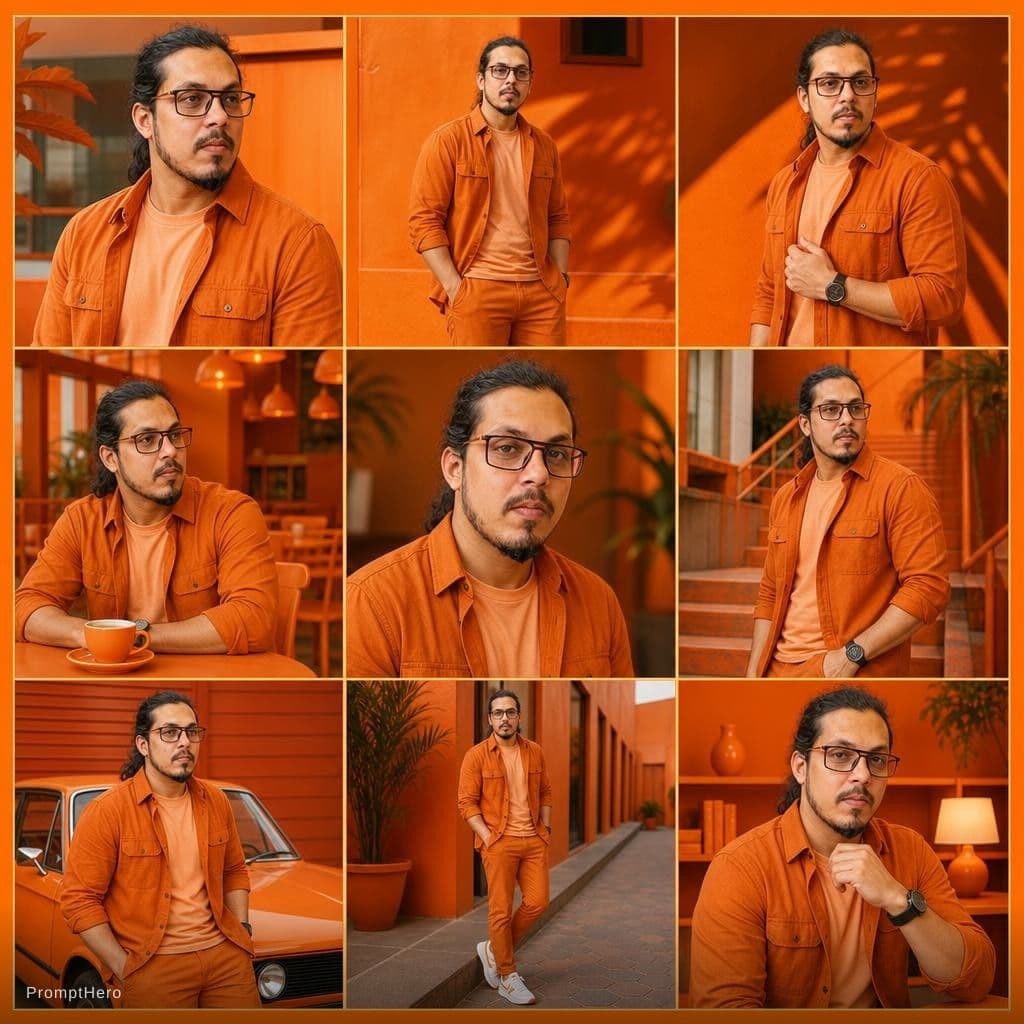 AI generated: A collage of 9 editorial-style photos with an orange color theme. The background, all objects, items...
