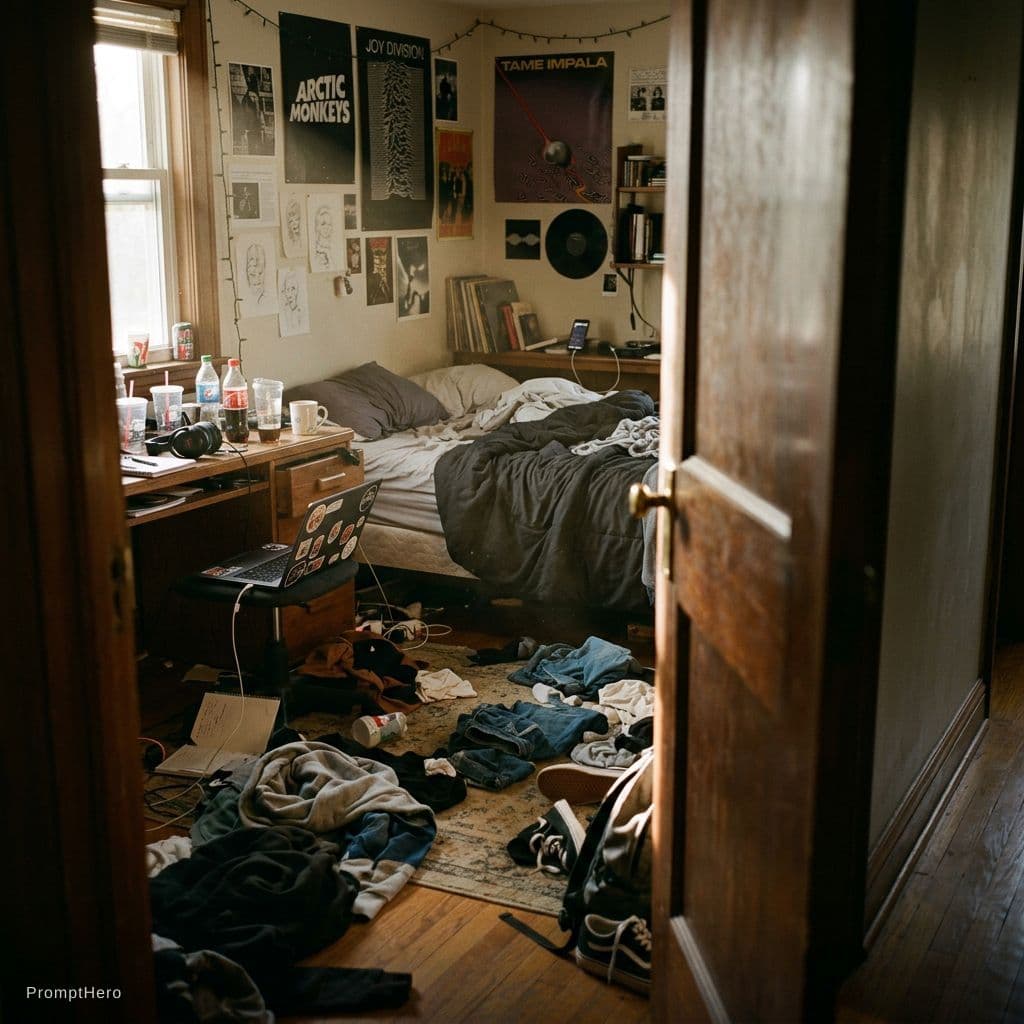 AI generated: cinematic shot of a slightly open bedroom door revealing a messy teenage bedroom inside, clothes sca...