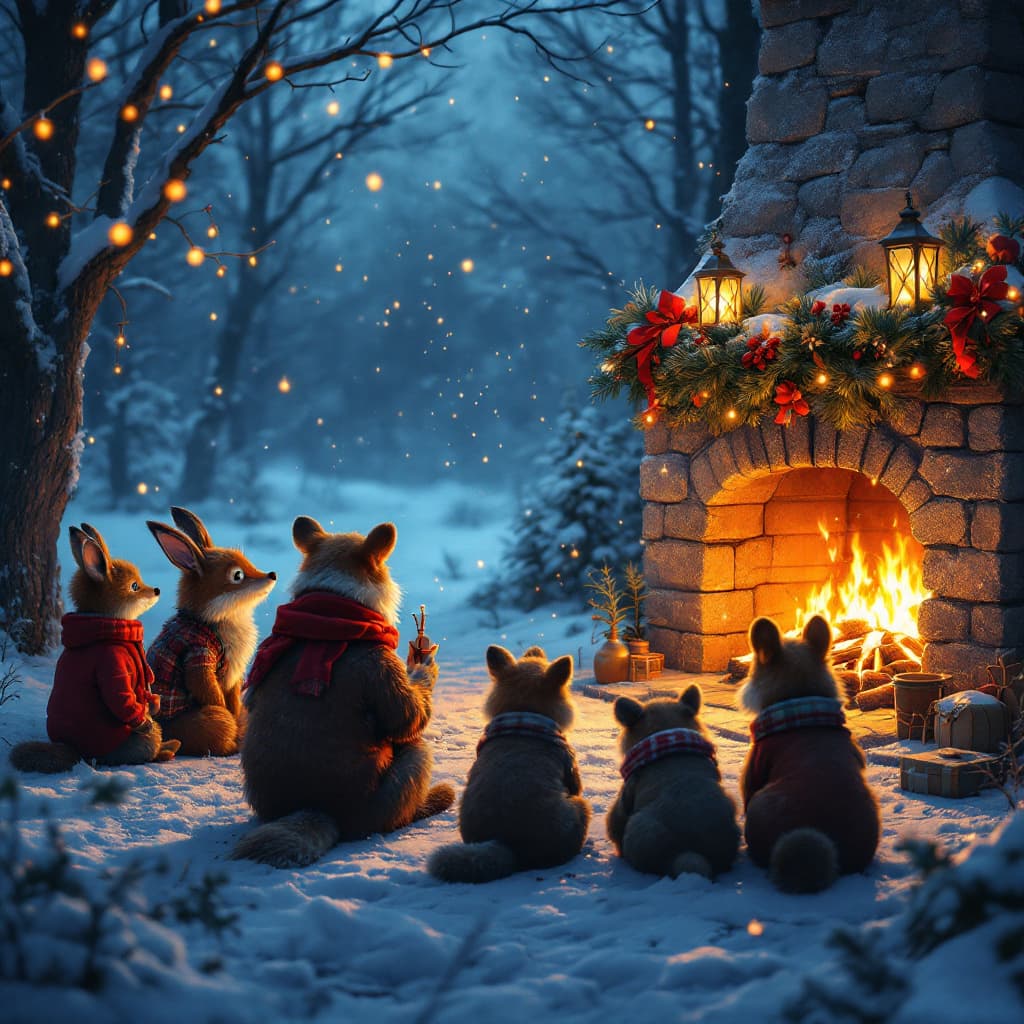 AI generated: the new year is approaching, the forest animals are sitting by the fireplace and waiting for Santa C...
