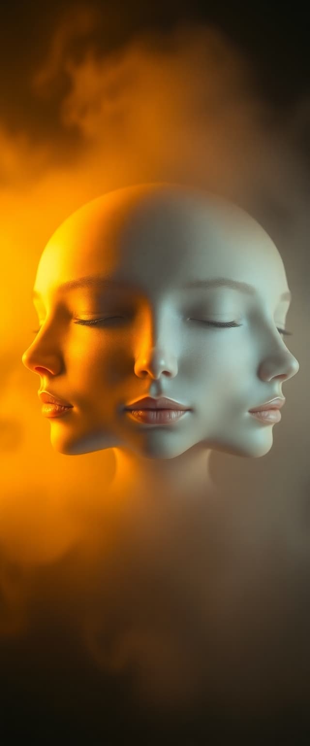 AI generated: "Professional concept art photography capturing a head and shoulders portrait within a thick, foggy ...