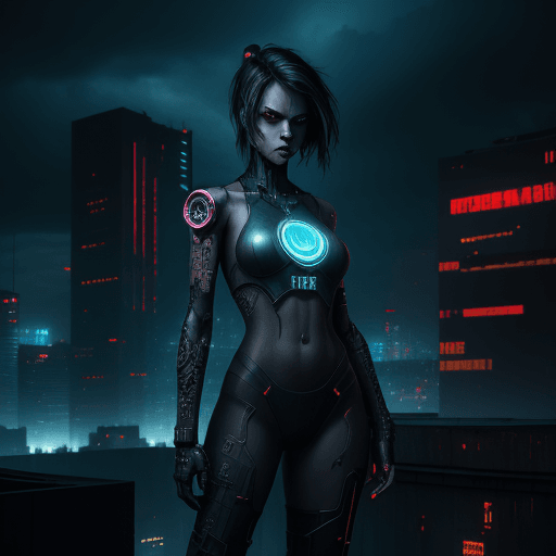 AI generated: Digital artwork, concept art, a cyberpunk girl with Noman text on her chest, standing on rooftop wit...