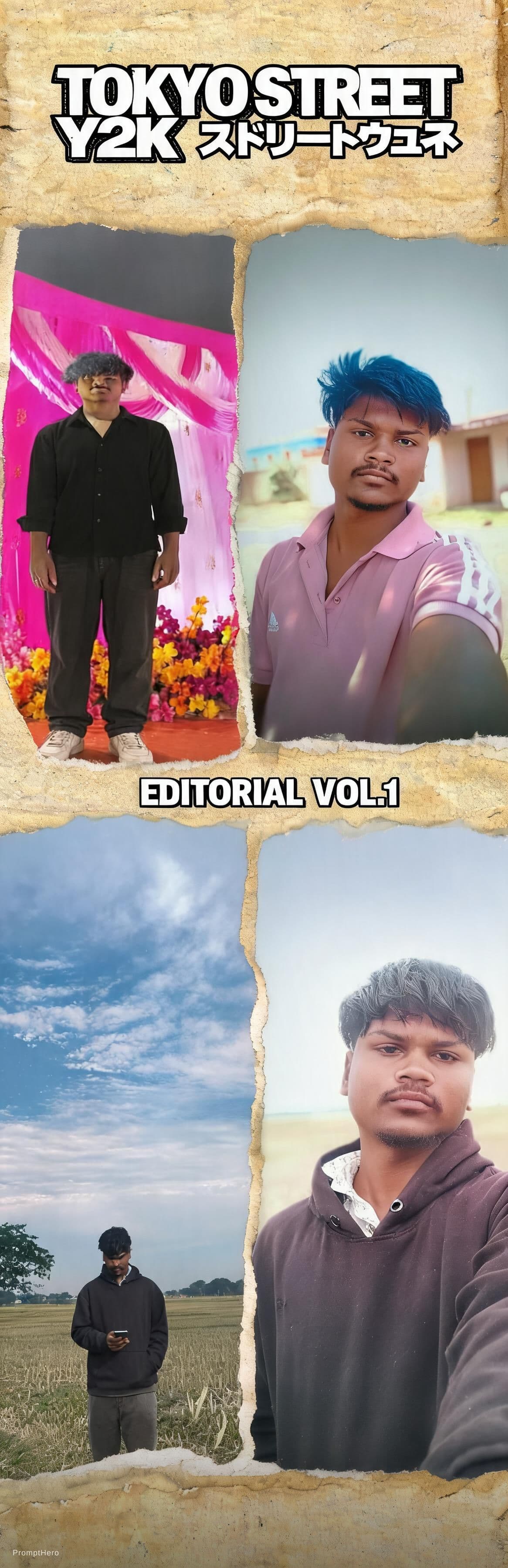 AI generated: Buat poster kolase editorial streetwear Jepang bergaya Y2K yang bold dengan estetika majalah fashion...