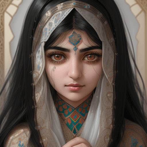 AI generated: A close-up portrait of an Iranian girl with a soft smile and tear-filled eyes, embodying both fear a...