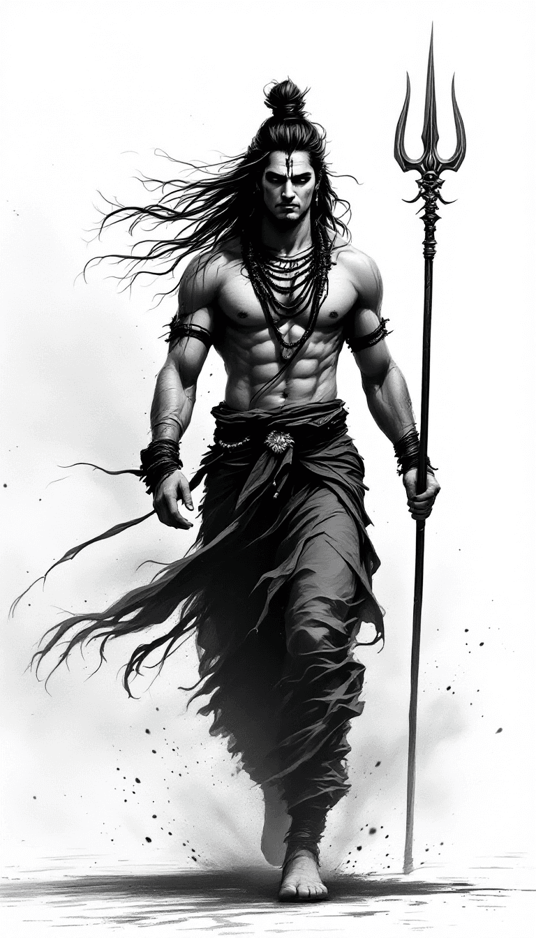 AI generated: A digital drawing of an lord shiva with trident (trishul), full body, walking, wearing traditional o...