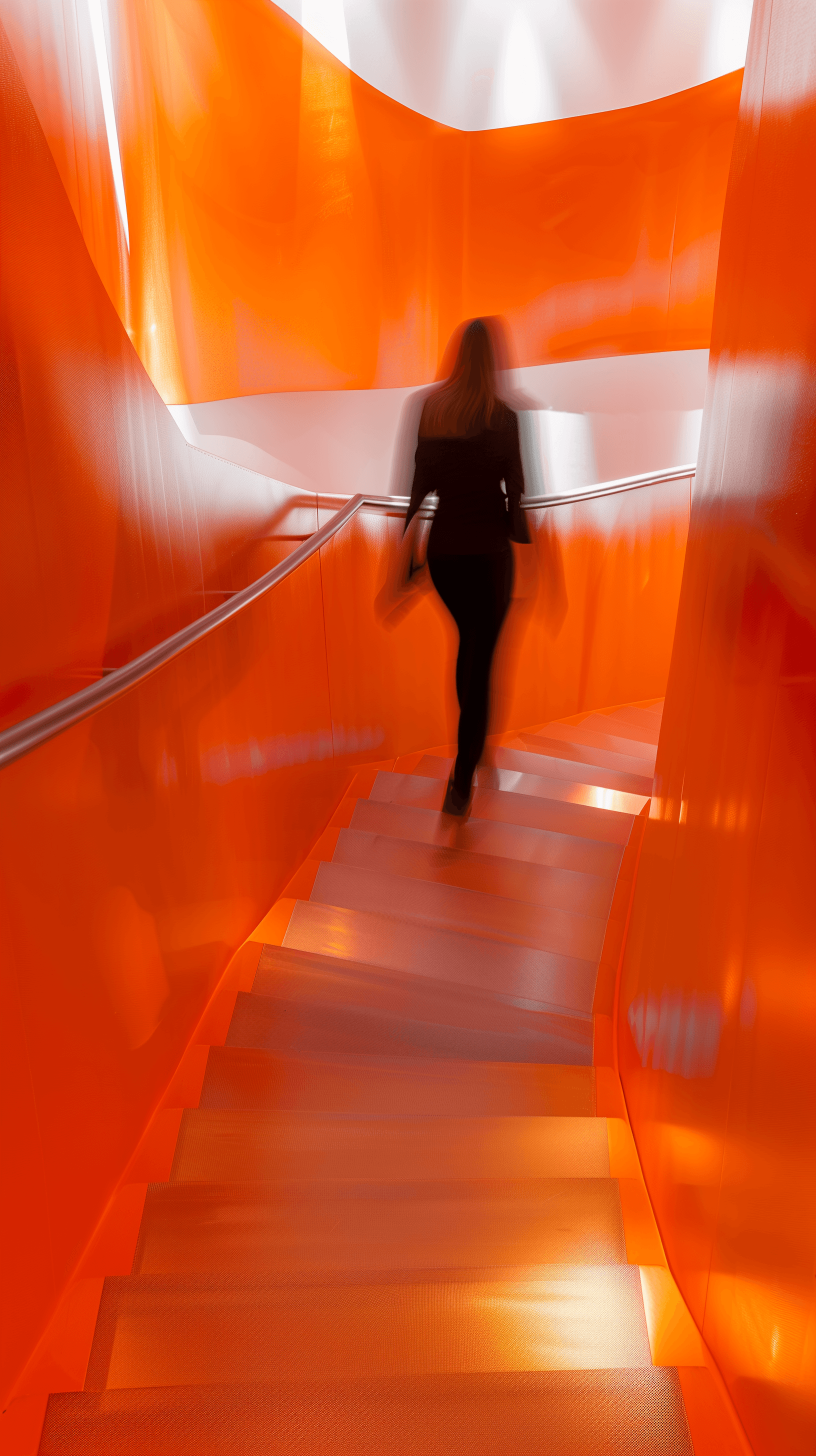 AI generated: interior photography, dynamic curves staircase, perspective looking up the staircase to highlight, m...