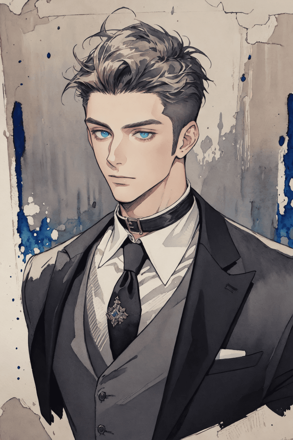 AI generated: illustration, ink color, gouache watercolor, young man, solo, handsome_male, choker, burly, waistcoa...