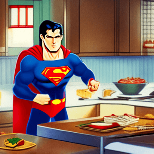 AI generated: superman in the kitchen making toast with his laser eyes