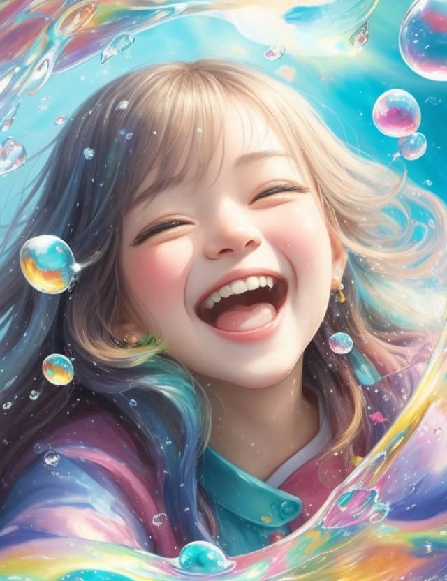 AI generated: a Girl, laughing, Colorful colors, surrounded by water bubbles, in the style of Kawacy, Masterpiece,...