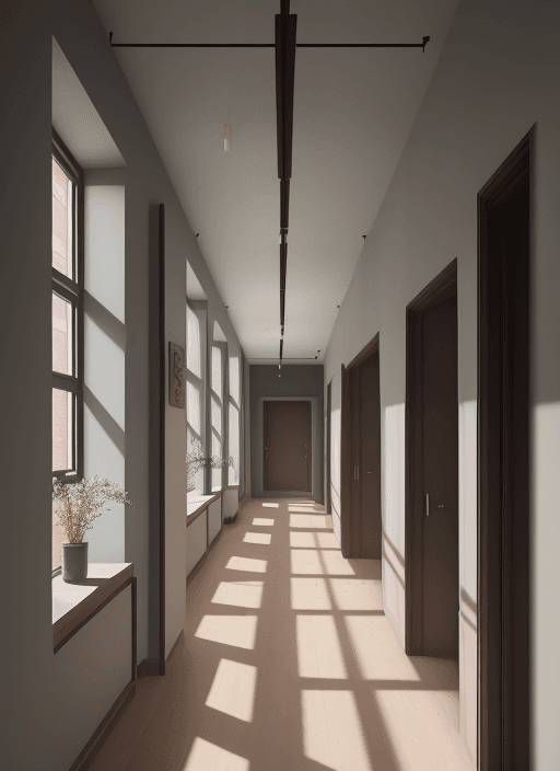 AI generated: High resolution photography of interior design, OF A CORRIDOR INSIDE A HOUSING BUILDING WITH TWO BRI...