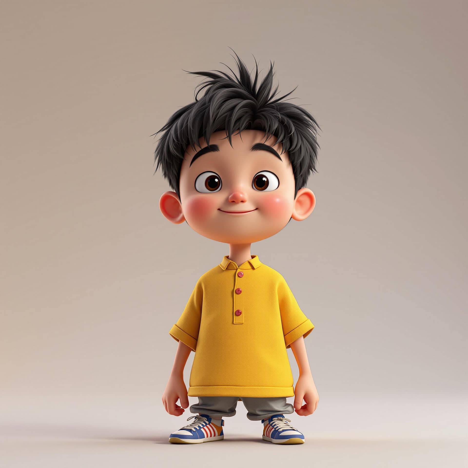AI generated: A Chinese boy with black hair and yellow shirt, rendered in cinema4d style, charming character, I ca...