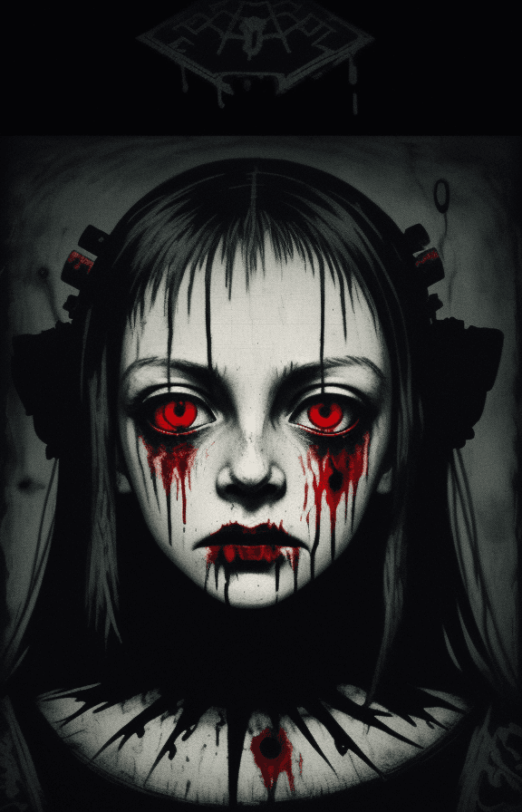 AI generated: make a hideous face of a girl that looks ugly, make the background black with a spatterpunk feel , (...