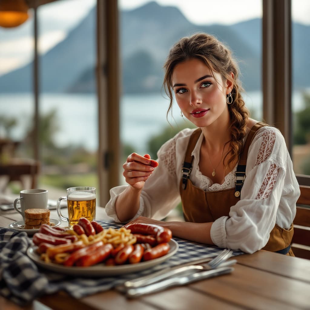 AI generated: a female farmer is sitting in a German bar:1.3), (eating Bavarian sausages:1.3), (a large plate of s...