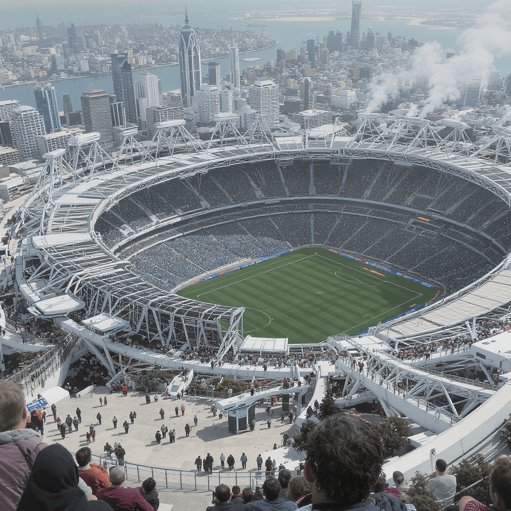AI generated: A massive futuristic stadium in the style of Syd Mead, filled with people and vehicles on a grassy f...
