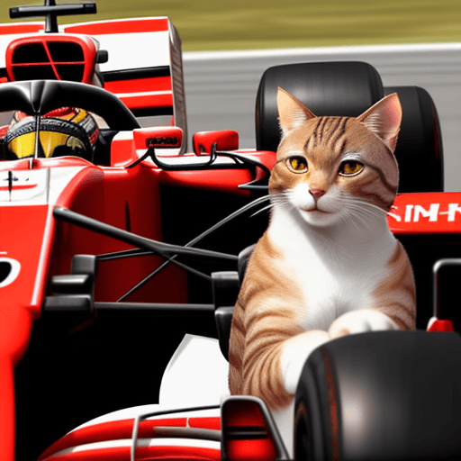 AI generated: Digujame un formula 1 que le conduce un gato. tiene que ser el coche de color rojo.  El gato tiene q...