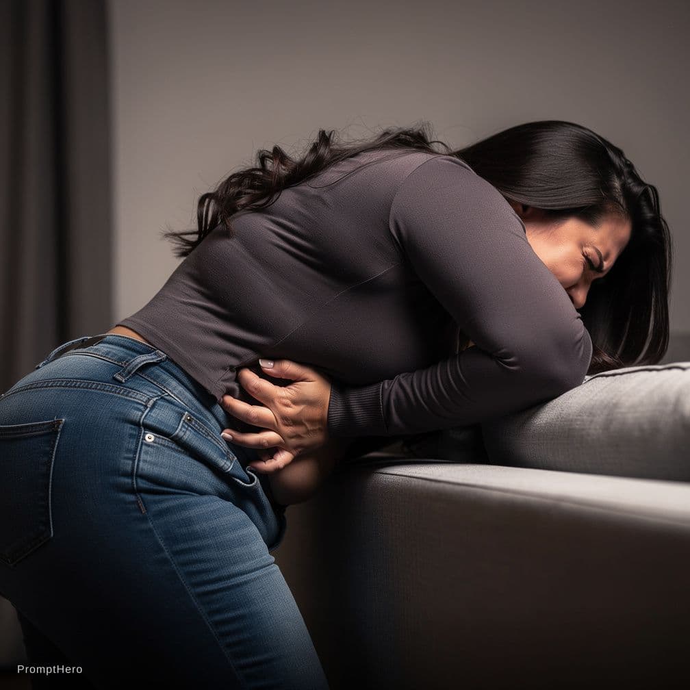 AI generated: Big boobs, big ass, bent over having sex, stomach bulge, pained face 