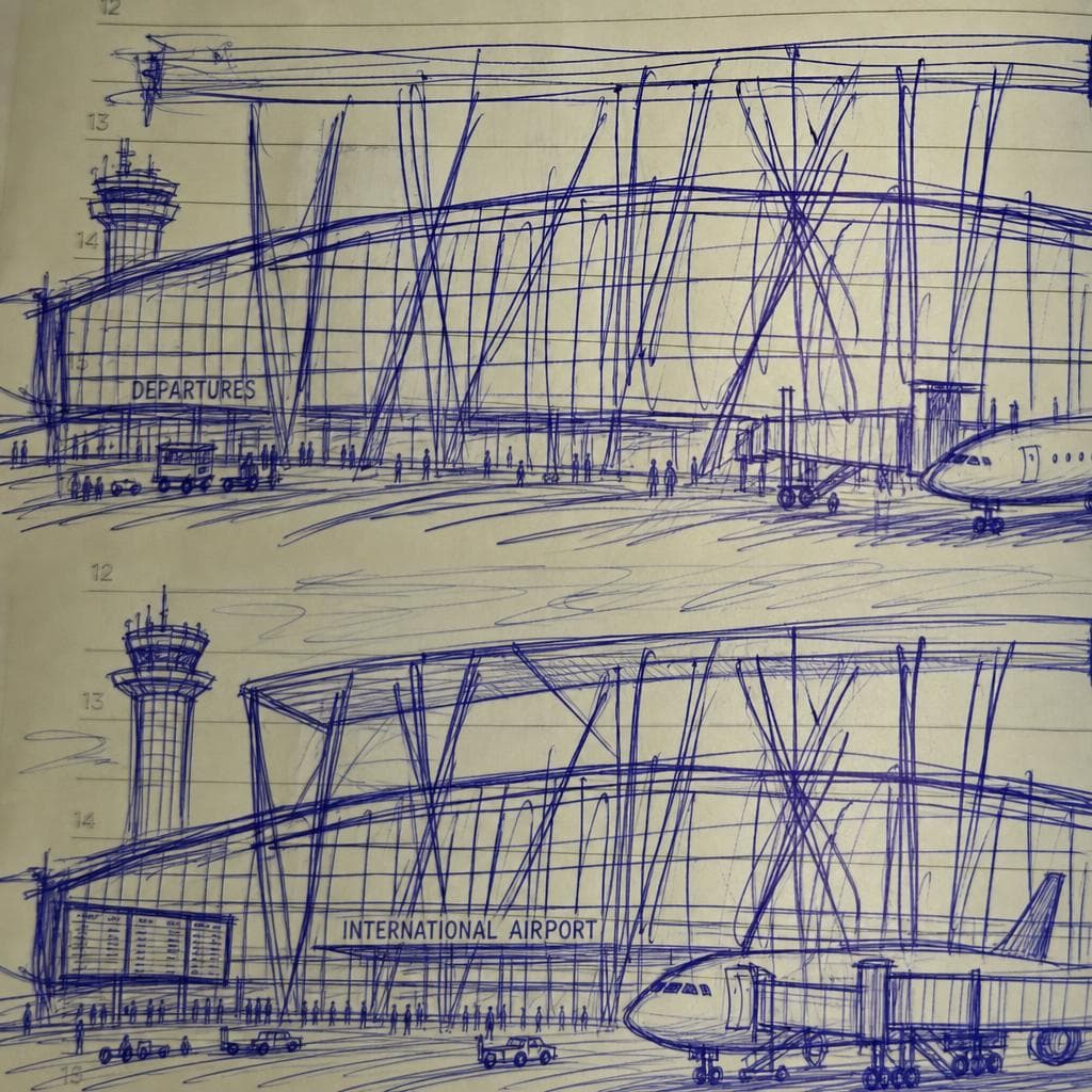 AI generated: Make this sketch building look like an airport terminal. Keep the lines and geometry of the picture.